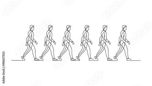Continuous line drawing of a man walking in six different positions in a row moving to the right side  simple minimalist illustration line art
