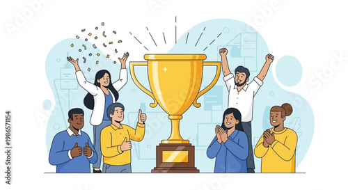 Triumphant Celebration with Trophy: Illustrative representation of people joyfully celebrating success, gathered around a large golden trophy, symbolizing achievement and reward.