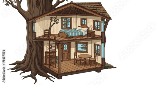 Detailed cross-section of a cozy two-story treehouse with a bedroom and living area built inside a large tree, isolated on white.