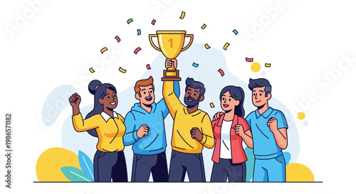 Triumphant Celebration: A celebratory illustration of diverse individuals united in joy, lifting a golden trophy amidst a shower of confetti, celebrating victory.