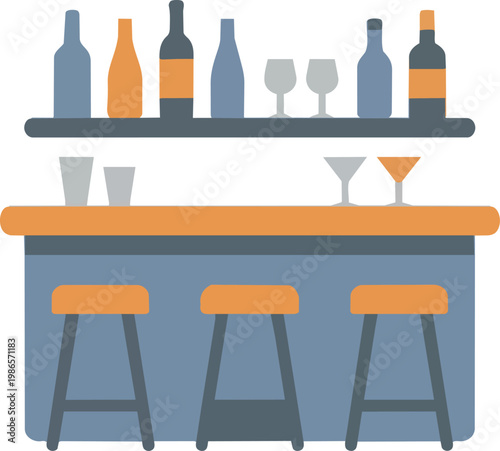 Bar Counter With Bottles And Glasses.