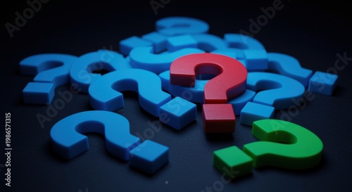 Red Question Mark Resting on Blue Symbols Over a Dark Surface for Research and Mystery Concepts with Negative Space for Infographic Design
