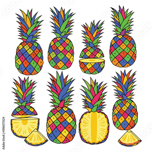 A colorful illustration of nine pineapples with various views