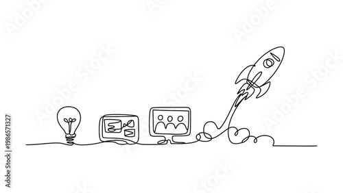 Continuous line drawing of a startup process from an idea lightbulb to a successful rocket launch depicting business growth and innovation line art