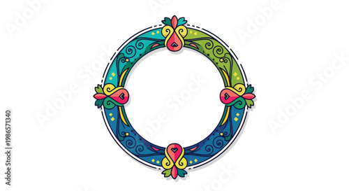 A colorful circular frame with floral patterns and swirling designs