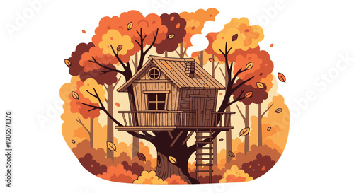 Charming flat vector illustration of a wooden treehouse in a vibrant autumn forest, featuring falling leaves and a cozy smoking chimney.