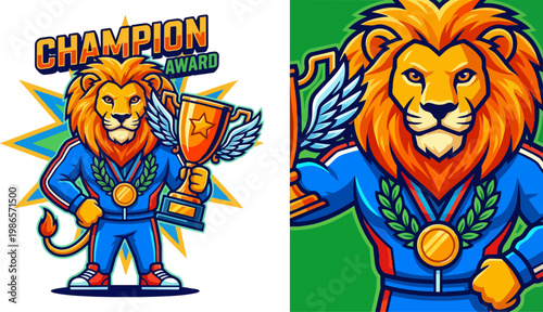 Lion Mascot Champion With Trophy Illustration.
