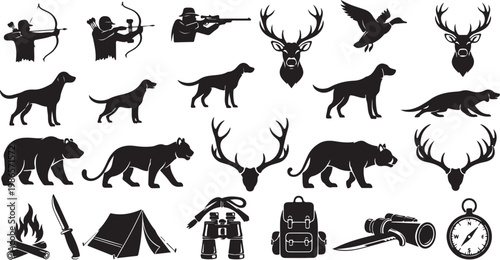 Wildlife Hunting and Outdoor Adventure Icons Set