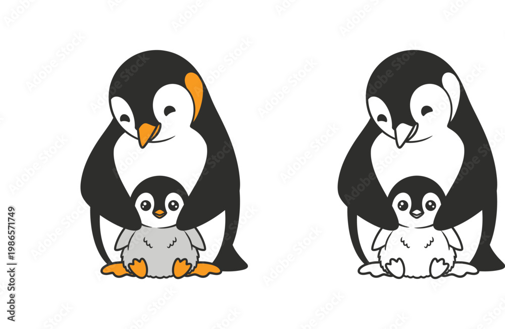 Obraz premium Cute Penguin Parent and Baby Chick Vector Illustration and Coloring Page Set for Kids Activity