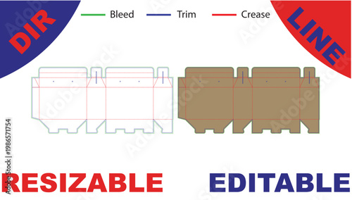 Packaging box template with bleed, trim, and crease lines