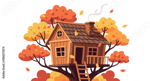 A charming wooden treehouse nestled in vibrant autumn foliage with a smoking chimney, isolated on a white background.