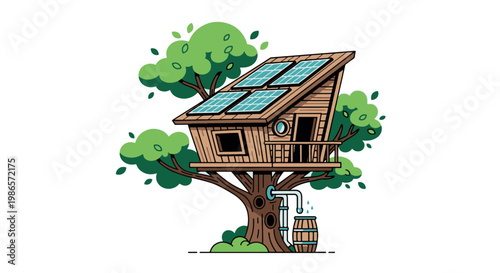 A modern sustainable treehouse design featuring rooftop solar panels and a rainwater harvesting system, representing green energy and off-grid living concepts.