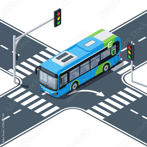 Modern Blue and Green Electric Bus Navigating City Intersection.