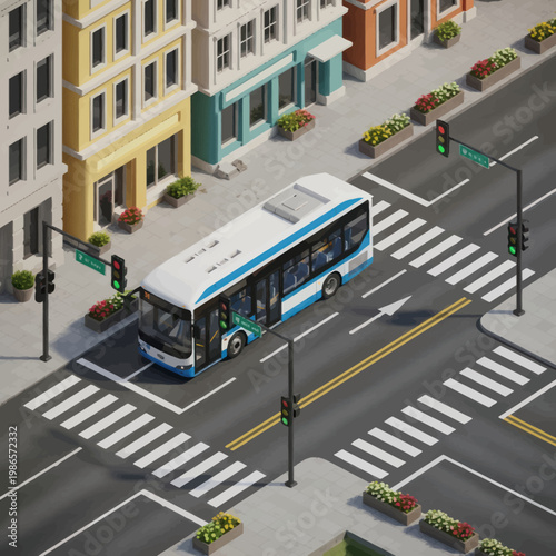 Modern City Bus Driving Through Intersection.