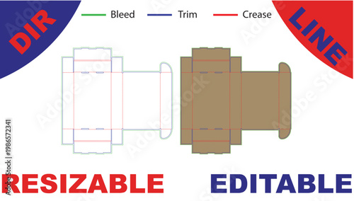 Packaging layout showing bleed, trim, and crease lines with color-coded guides