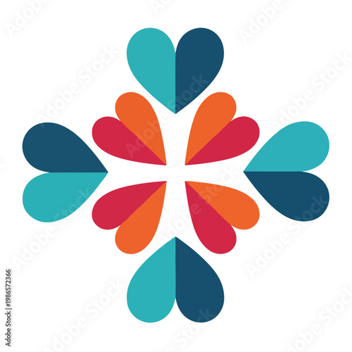 A colorful flower-like design with heart and teardrop shapes