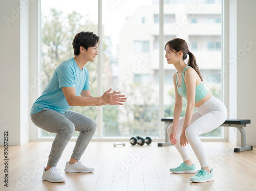 フィットネスルームでスクワットをする男女