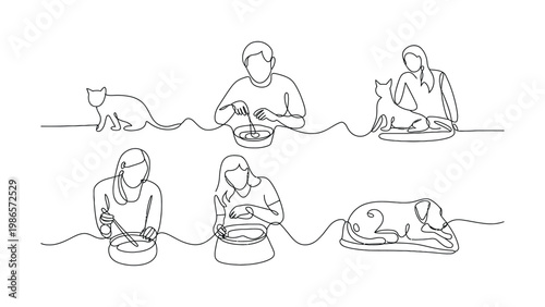 Continuous line drawing of people and their pets eating from bowls together in a connected minimalist style  simple illustration line art