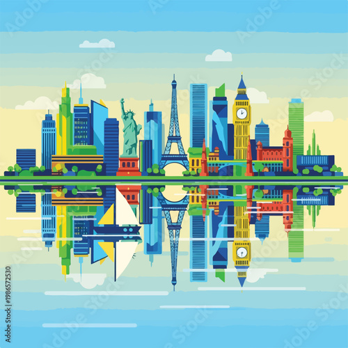 A colorful cityscape with famous landmarks