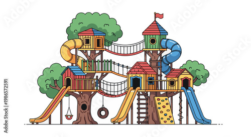 A vibrant vector illustration of a multi-level adventure treehouse with slides, climbing walls, and bridges. Ideal for childcare, education, and park design projects.