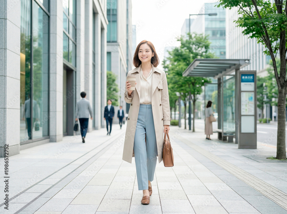 Obraz premium ビジネス街を歩くトレンチコートの女性