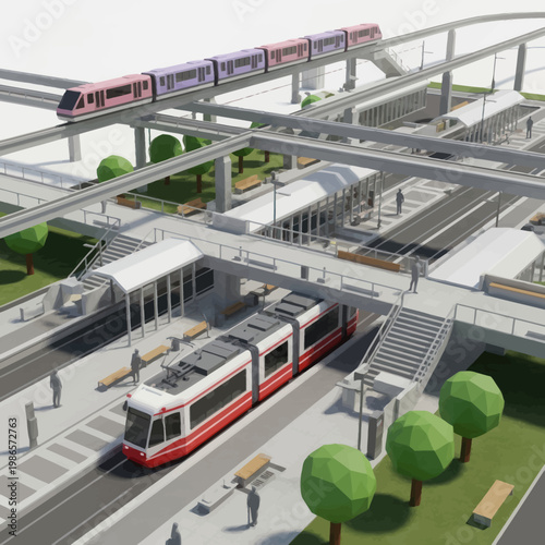 Modern urban transit hub with trams and elevated monorail.