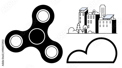 Renewable energy, urban living, sustainability, mental focus, modern technology, sustainability icons. Black fidget spinner, eco-friendly buildings with solar panels stylized cloud. Renewable energy