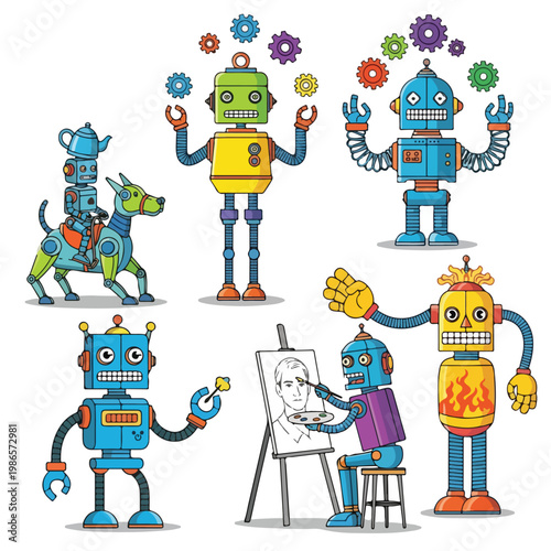 A colorful illustration of seven robots with unique designs