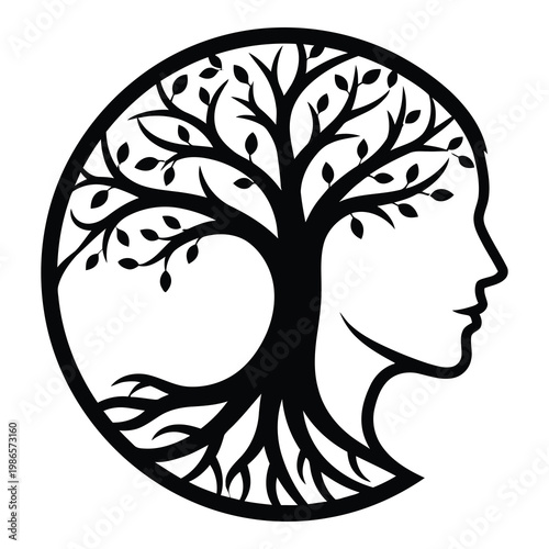 Tree growing out of human head silhouette in circular logo design icon