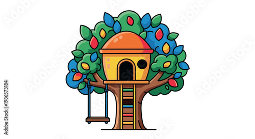 A vibrant and playful vector illustration of a whimsical treehouse featuring a ladder and a wooden swing, perfect for children's books and educational designs.