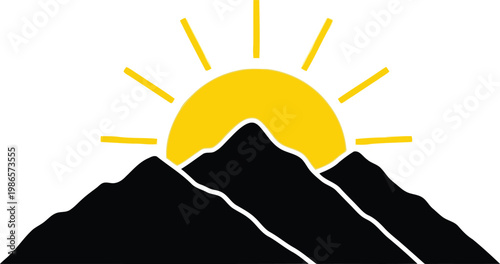 sunrise over mountains, bright yellow sun, black mountain peaks, morning landscape