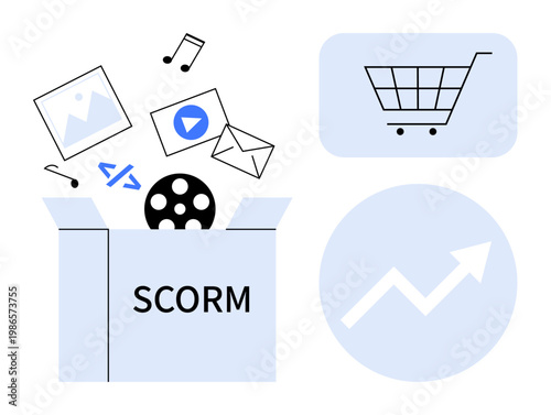 E-learning modules, education tools, SCORM compatibility, online shopping, growth analytics, digital content. Box of digital media beside shopping cart and upward arrow chart. E-learning