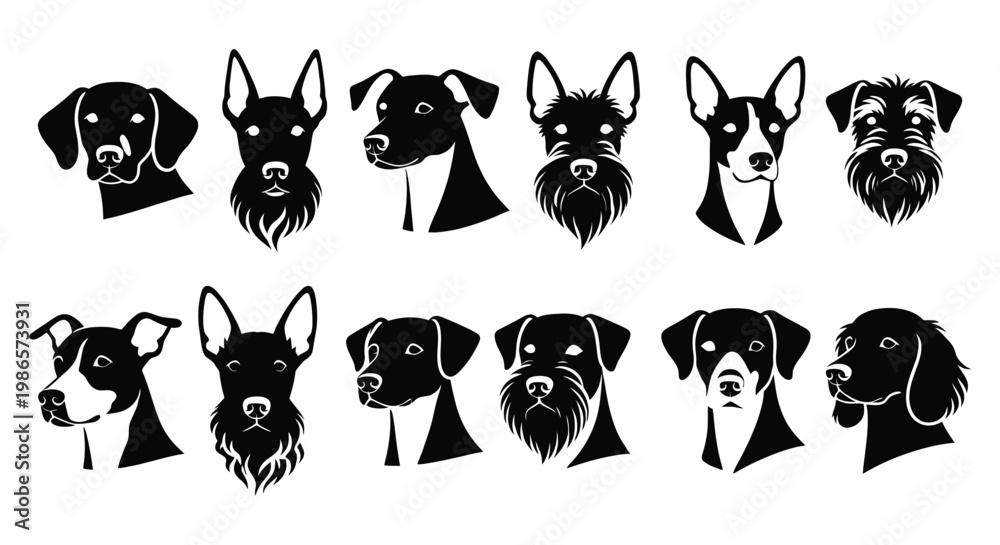 Obraz premium Modern Dog Face Silhouette Set Variety Breeds Minimal Vector Icons. 
