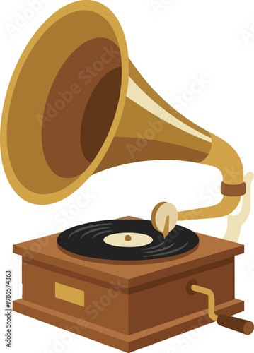 Vintage gramophone playing vinyl record on wooden base.