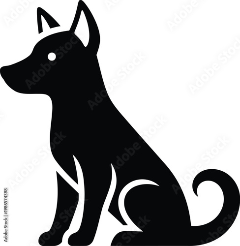 black silhouette of a sitting dog with pointy ears and curled tail