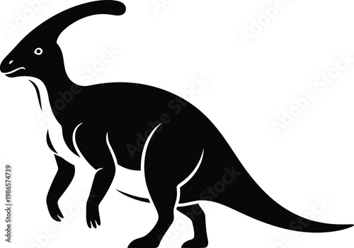 black silhouette of a parasaurolophus dinosaur, side view, white background