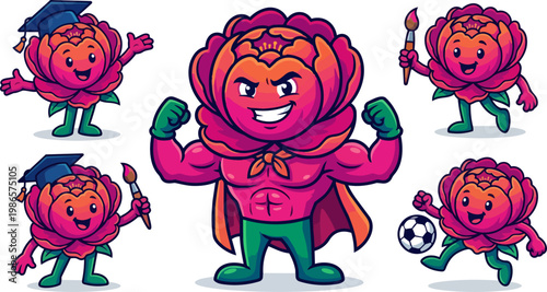Flower superhero cartoon character wearing cape.