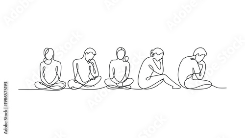 Five contemplative figures in minimalist continuous line art style sitting in meditation or thought poses isolated on a white background line art