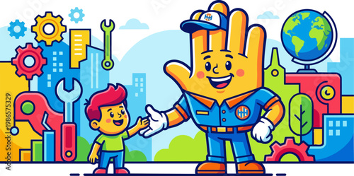 Construction worker and child in workshop handshake.