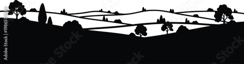 black silhouette landscape with trees on hills and fields