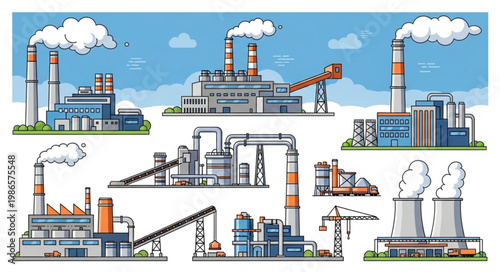 Collection of industrial factory buildings with smokestacks emitting smoke.