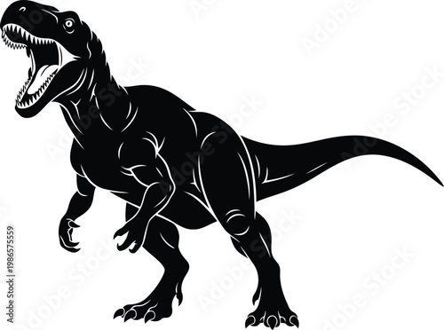 Black silhouette of a roaring Tyrannosaurus Rex dinosaur on white background
