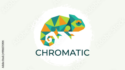 Geometric colorful chameleon artwork showcase.