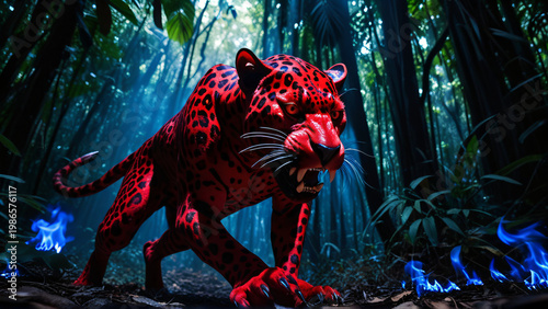 A red devil energetic jaguar  moving with primal instinct in a blue flame forest, 