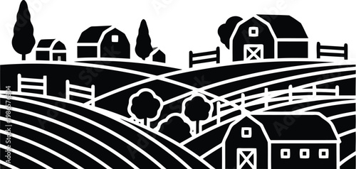 black and white illustration of farm landscape with barns and fields