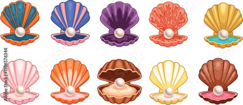 Colorful seashells with pearls collection featuring diverse artistic styles, vibrant pastel tones, ocean treasures, marine decorative cartoon illustrations