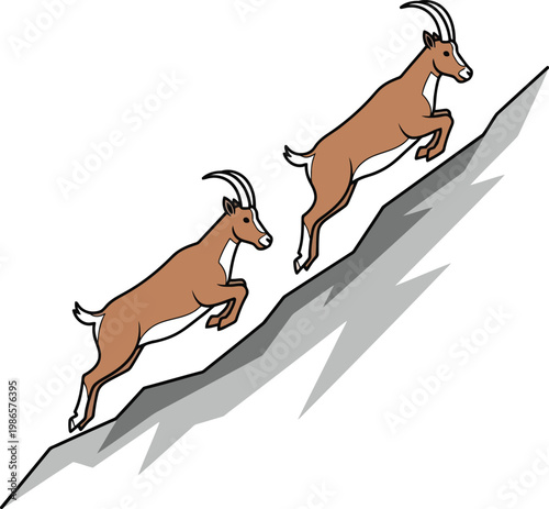 Two goats jumping up a steep hill, climbing mountain, agile and strong animals