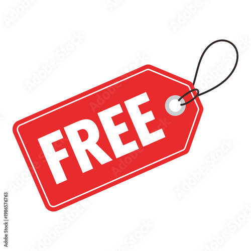 Red free gift tag with black string and white lettering on white background icon