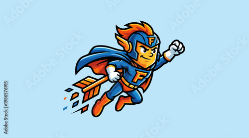 blue orange superhero flying figure illustration.