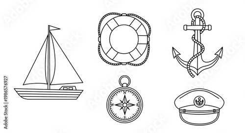 Nautical theme icons including sailboat anchor lifebuoy compass and cap.